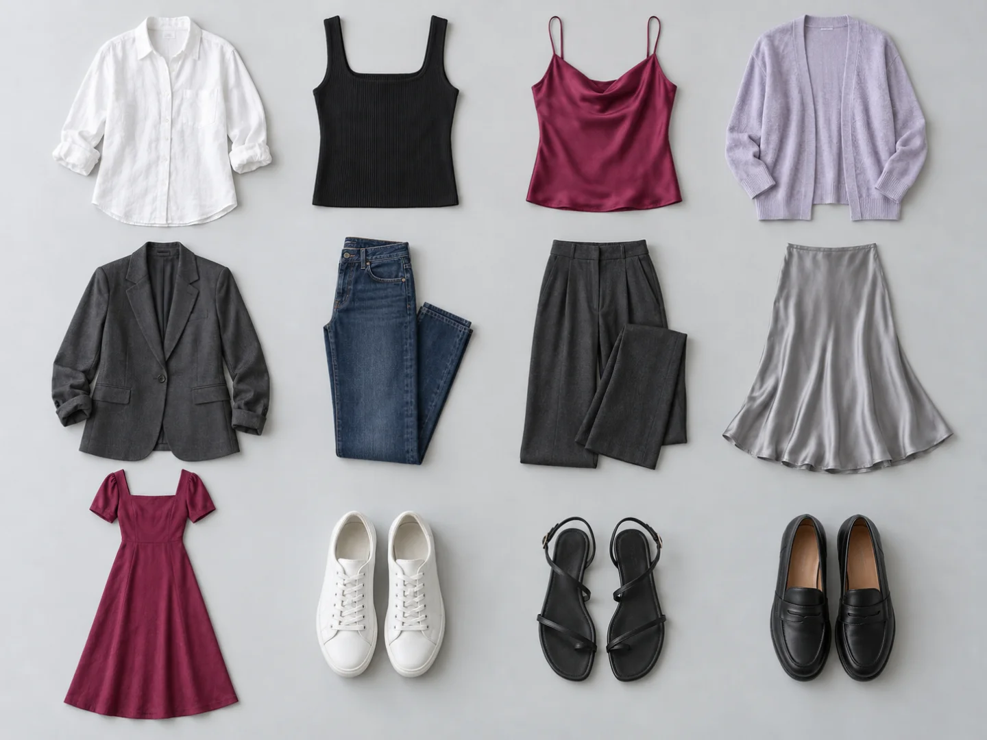 Twelve Expressive wardrobe roles arranged as a flatlay: white, black, berry, lilac and charcoal clothing with three practical shoe options.