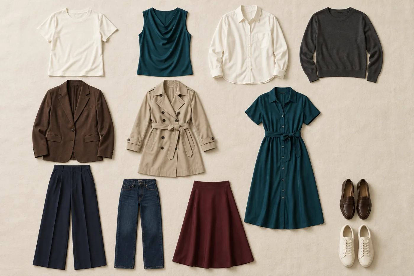 Twelve Workday wardrobe roles: four tops, espresso blazer, navy trousers, indigo jeans, oxblood skirt, teal shirt dress, stone trench, loafers and trainers.