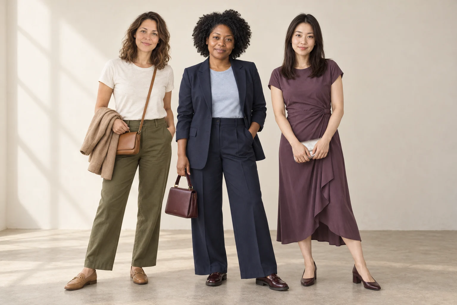 Three fictional adult models in coordinated personal style looks