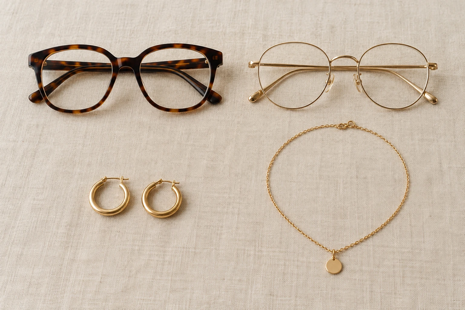 Illustrative accessory still life: tortoiseshell frames, fine warm-metal frames, small gold hoops and a short pendant.