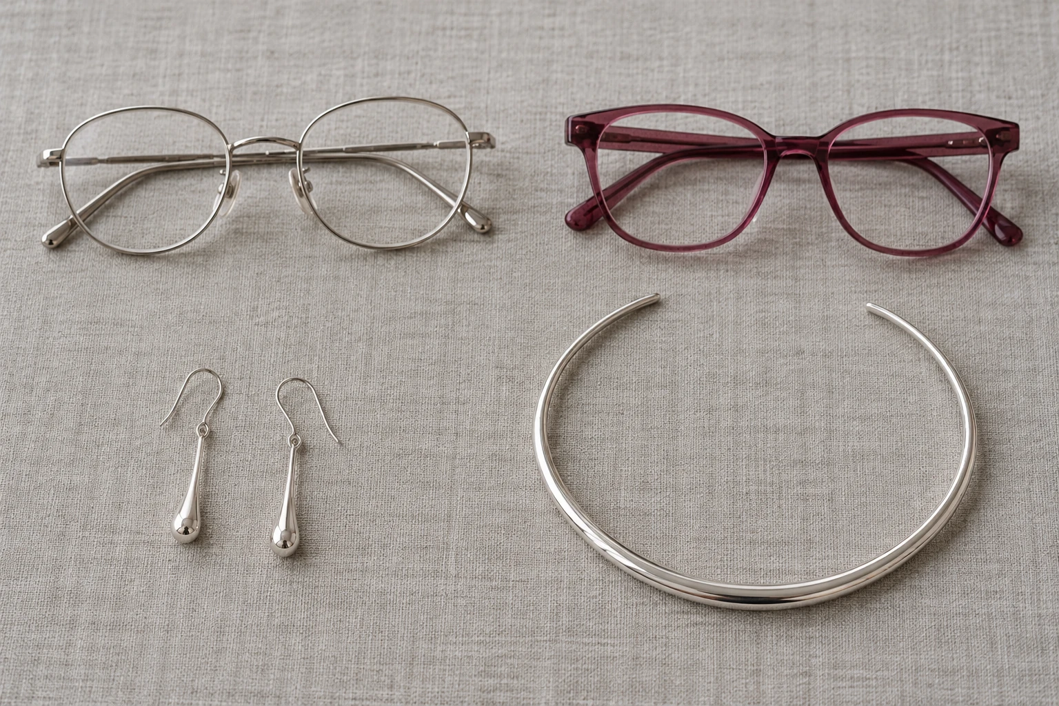 Illustrative accessory still life: fine silver frames, translucent berry frames, slim silver drop earrings and a short silver cuff necklace.