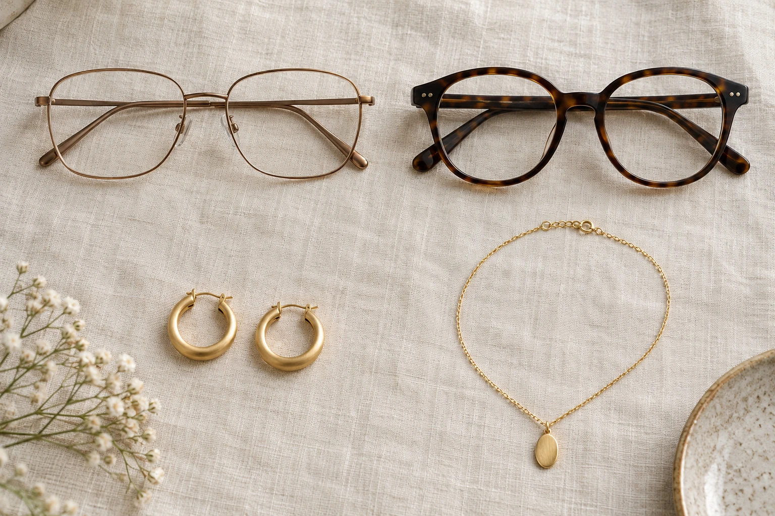 Illustrative accessory still life: fine bronze frames, rounded dark tortoiseshell frames, small gold hoops and a fine pendant.